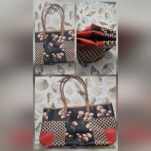 Tory Burch Black and Red Floral Tote